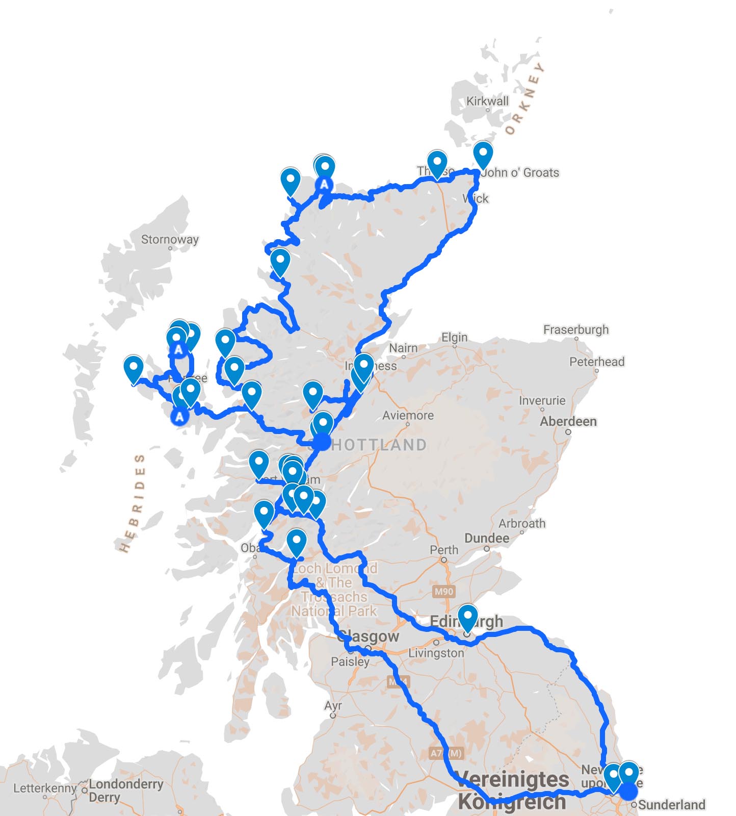 Streckenplan mit Karte für Roadtrip nach Schottland