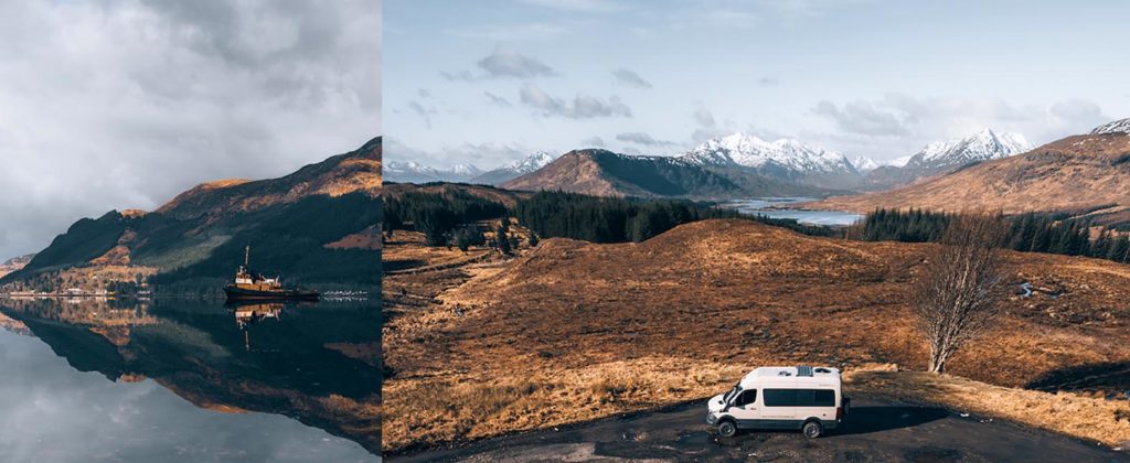 Mercedes Camper vor beeindruckender Landschaft in Schottland